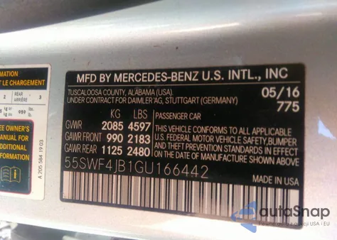 2016 Mercedes-Benz C 300 Luxury/Sport из США, поврежденный, VIN 55SWF4JB1GU166442